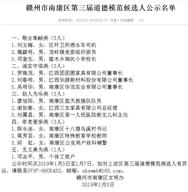 南康區第三屆道德模范候選人公示名單