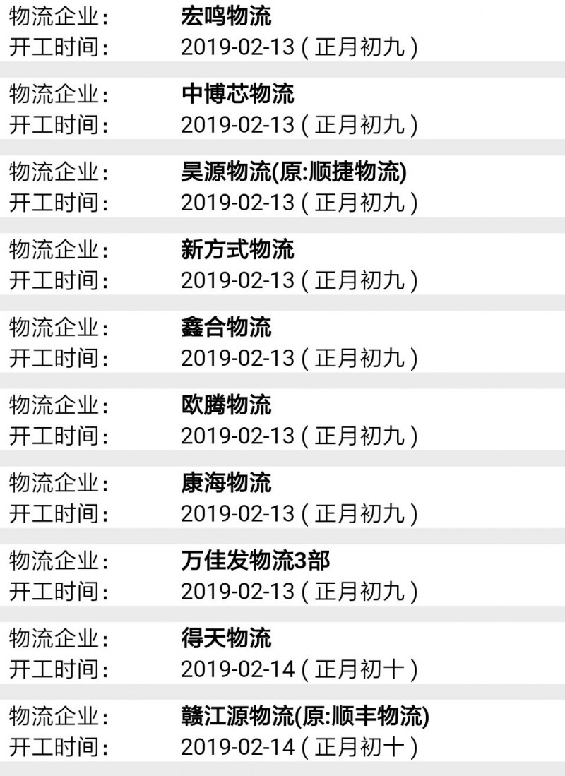 南康物流2019春節后開工時間表3
