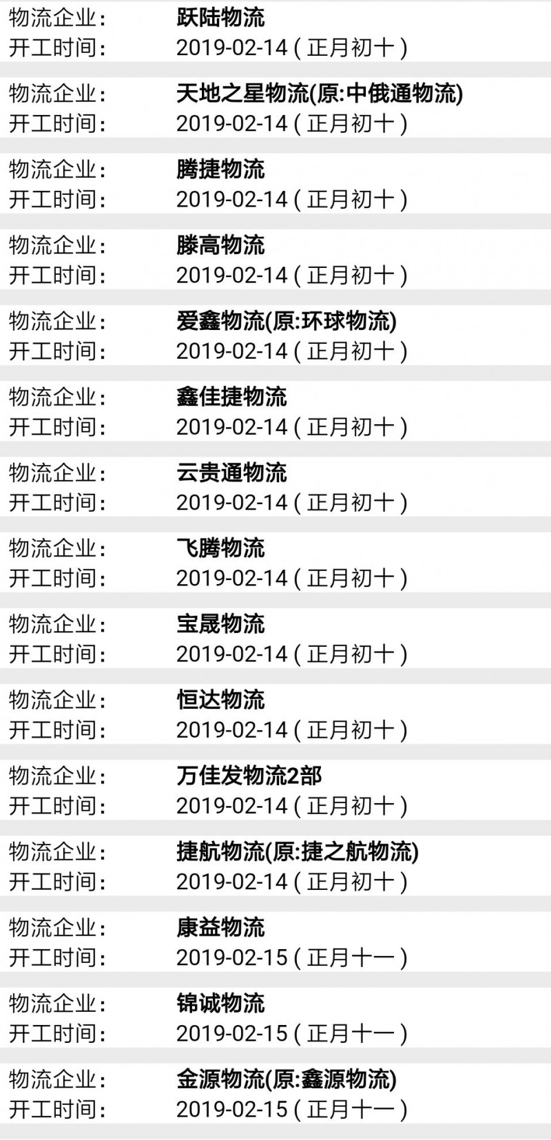 南康物流2019春節后開工時間表7
