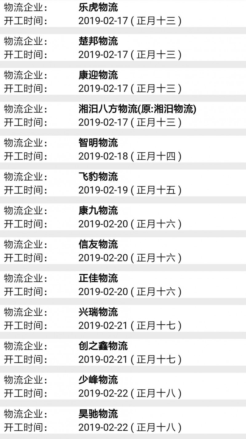 南康物流2019春節后開工時間表15