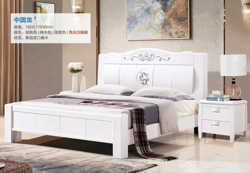 俊豐家具:橡木床中國龍#(亮光白描銀)
