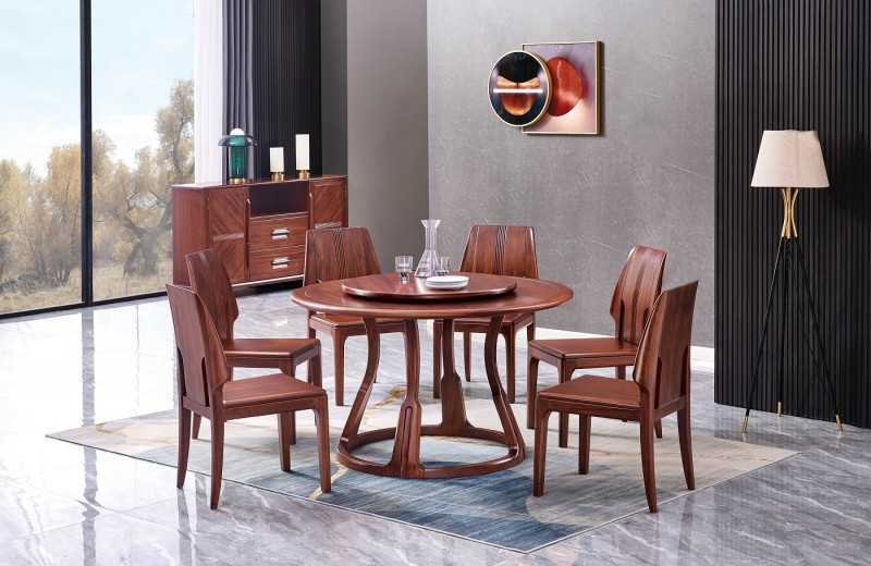 華夏國(guó)康卡迪婭輕奢極簡(jiǎn)黃檀木家具：K501圓桌、K56餐椅、K800餐邊柜