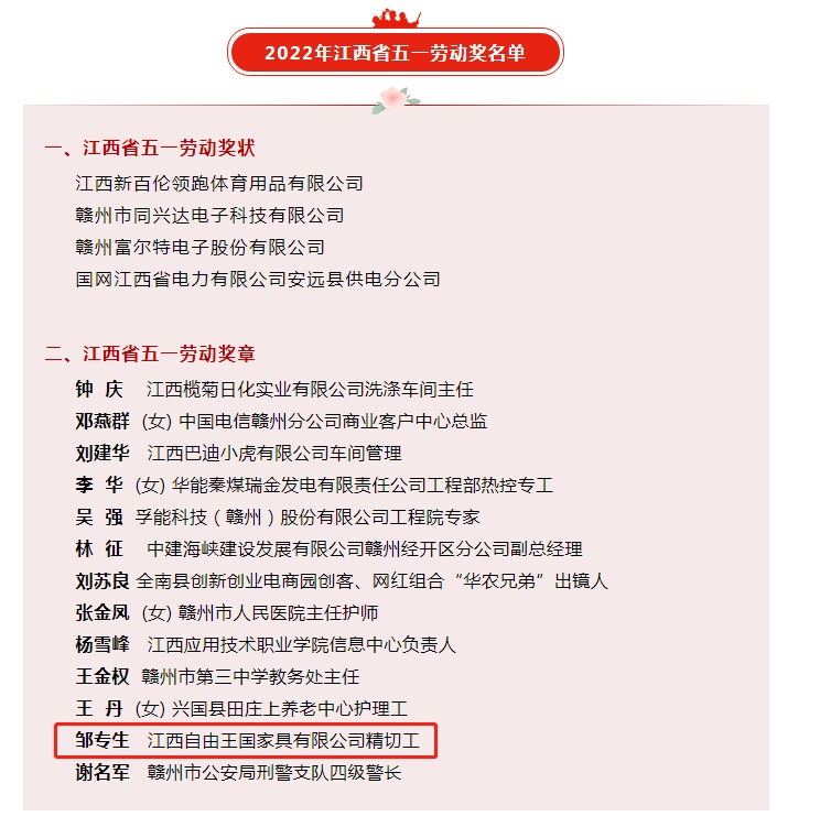 南康家具行業一人榮獲“江西省五一勞動獎章”