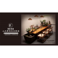 墨匠創(chuàng)意人文景觀流水茶桌,南康胡桃木、老榆木、烏金木風水茶臺,江西茶室、辦公室流水桌定制廠家